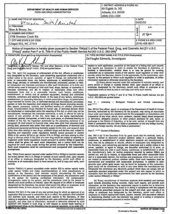 FDA Inspection Form